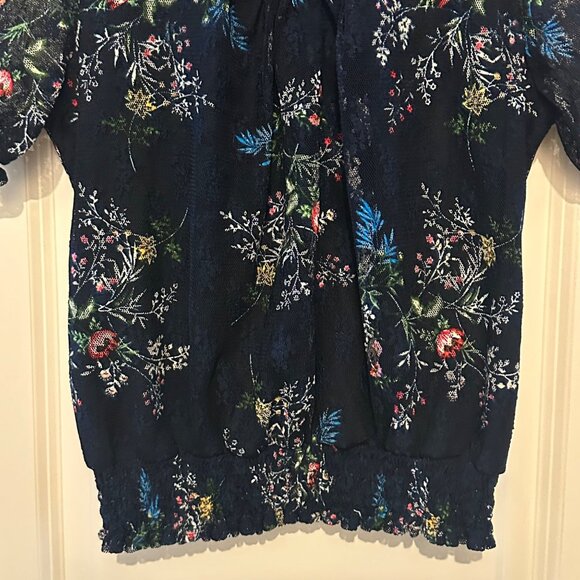 Black Sheer Floral Lace Top With Smocked Neck & Hem Short Puff Sleeves By Eyesha - Picture 5 of 7